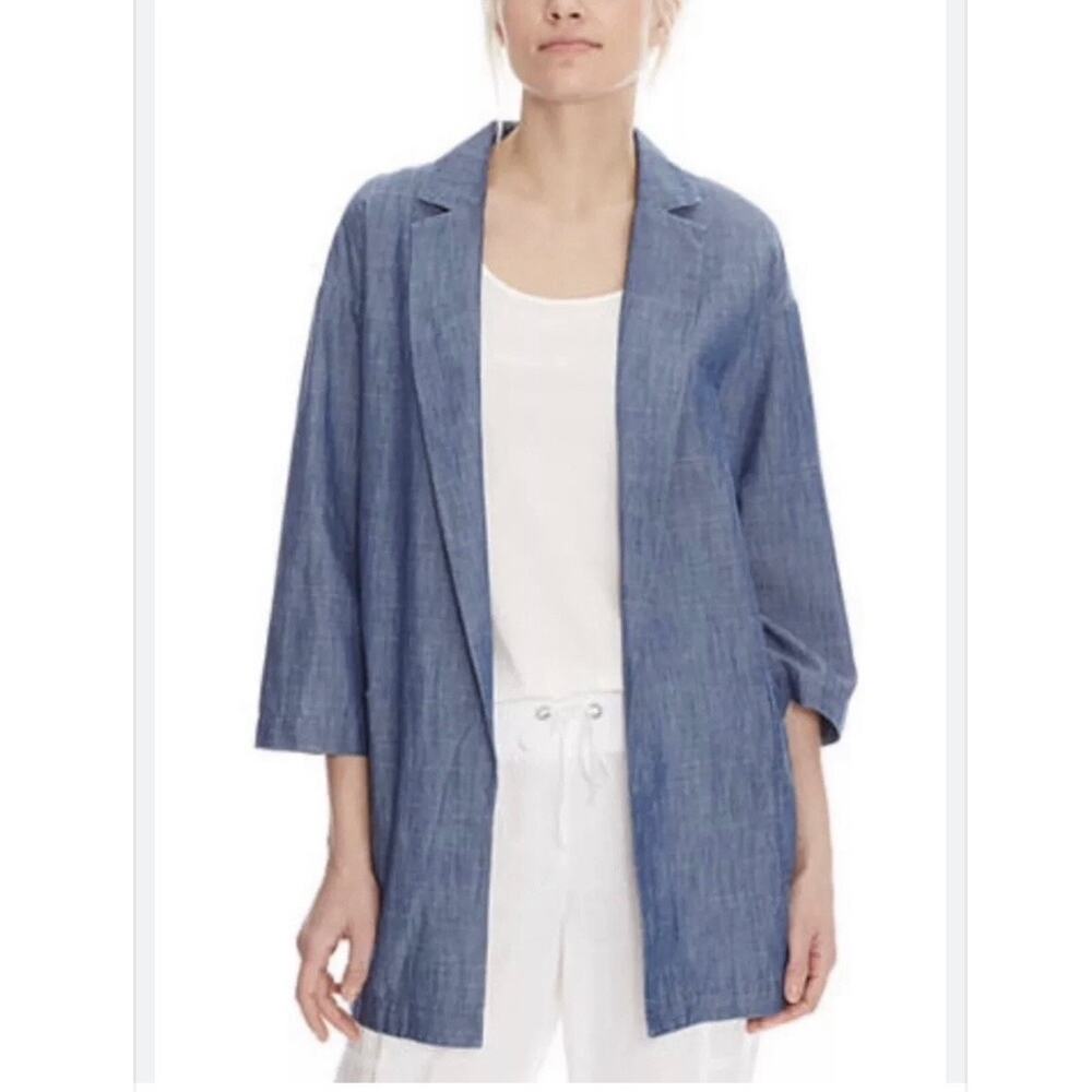 EILEEN FISHER Cotton Tencel Light Indigo Slub Chambray Blazer Jacket, Medium